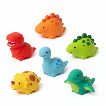 Baby Lov Toy Colourful Dinosaur Bath Toy 6-Pack - hero image white background showing all 6 dinosaurs red T-Rex orange Ankylosaurus yellow Triceratops blue Brachiosaurus lime green Stegosaurus teal Pterodactyl