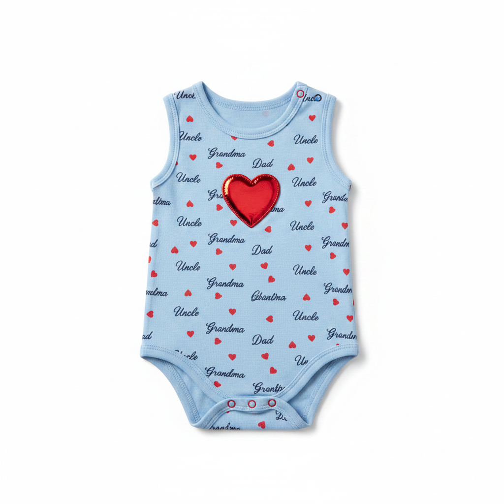Babytone Family Love All-Over Print Baby Bodysuit Blue - hero image front view white background showing full family names script print scattered hearts and 3D metallic red heart
