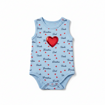 Babytone Family Love All-Over Print Baby Bodysuit Blue - hero image front view white background showing full family names script print scattered hearts and 3D metallic red heart