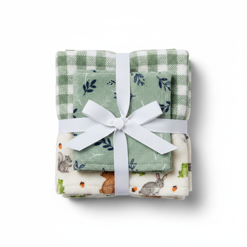 Bebe Favour Woodland Baby Washcloth Set 4 Piece - hero image top view ribbon-tied bundle white background showing all four washcloths