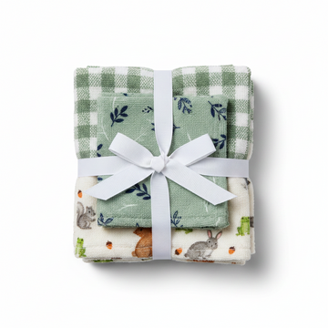 Bebe Favour Woodland Baby Washcloth Set 4 Piece - hero image top view ribbon-tied bundle white background showing all four washcloths