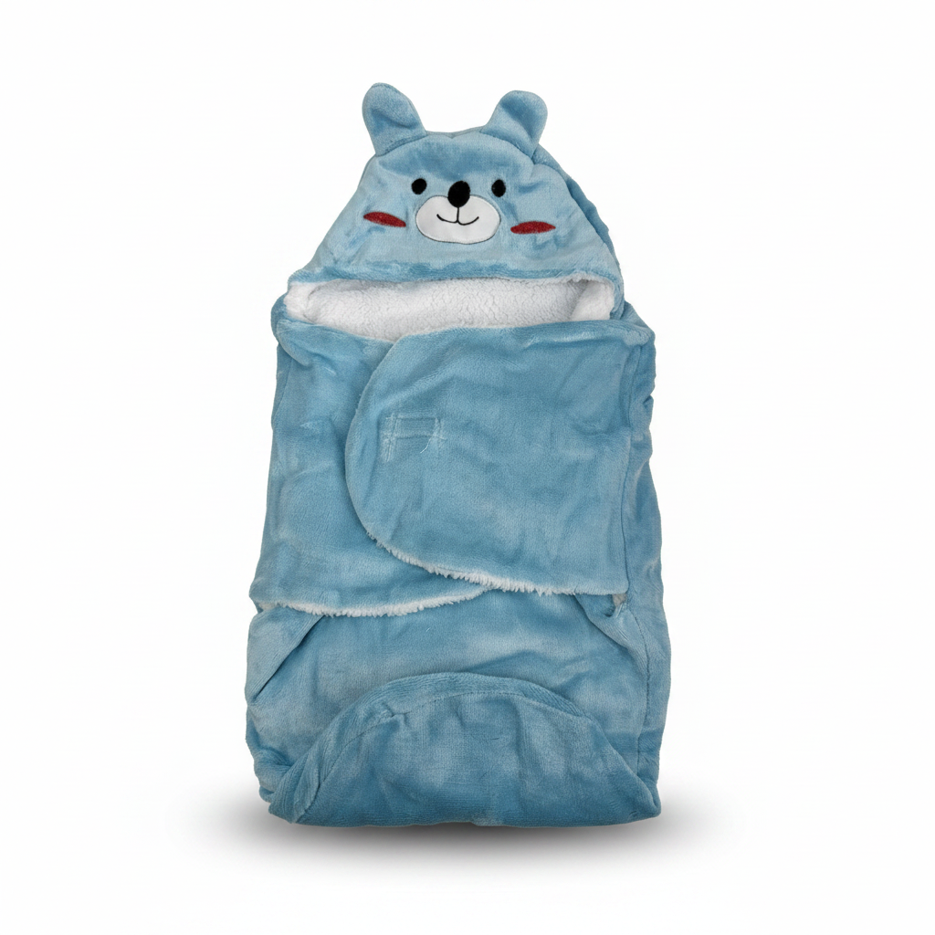Blue bear hooded swaddle wrap – hero image front view showing 3D bear face and wrap design on white background
