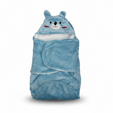 Blue bear hooded swaddle wrap – hero image front view showing 3D bear face and wrap design on white background