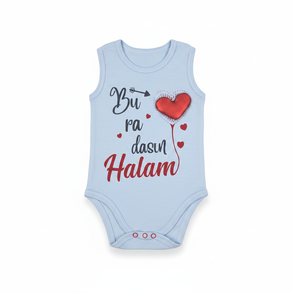 Buradasın Halam Light Blue Sleeveless Baby Bodysuit - hero image front view white background showing full slogan print and 3D red heart balloon detail