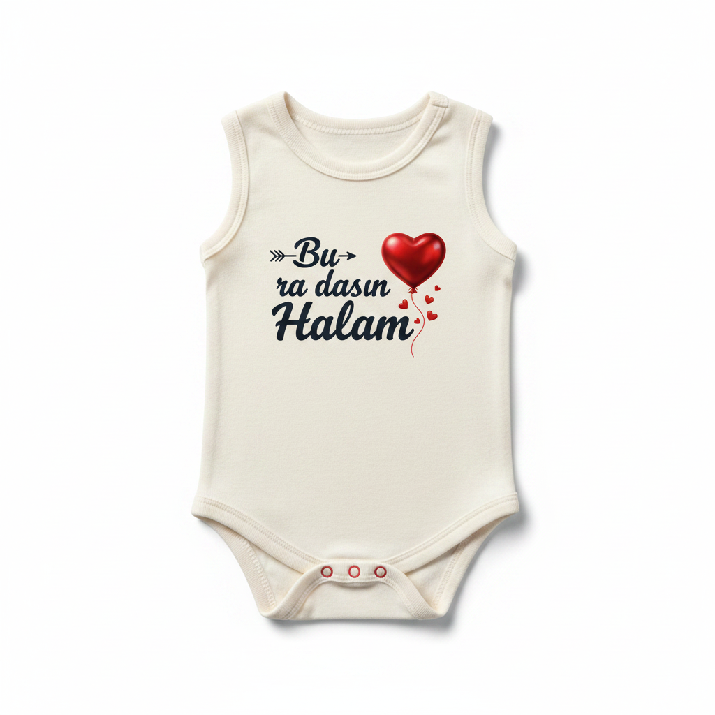 Buradasın Halam White Sleeveless Baby Bodysuit - hero image front view white background showing full slogan print and 3D metallic red heart balloon detail