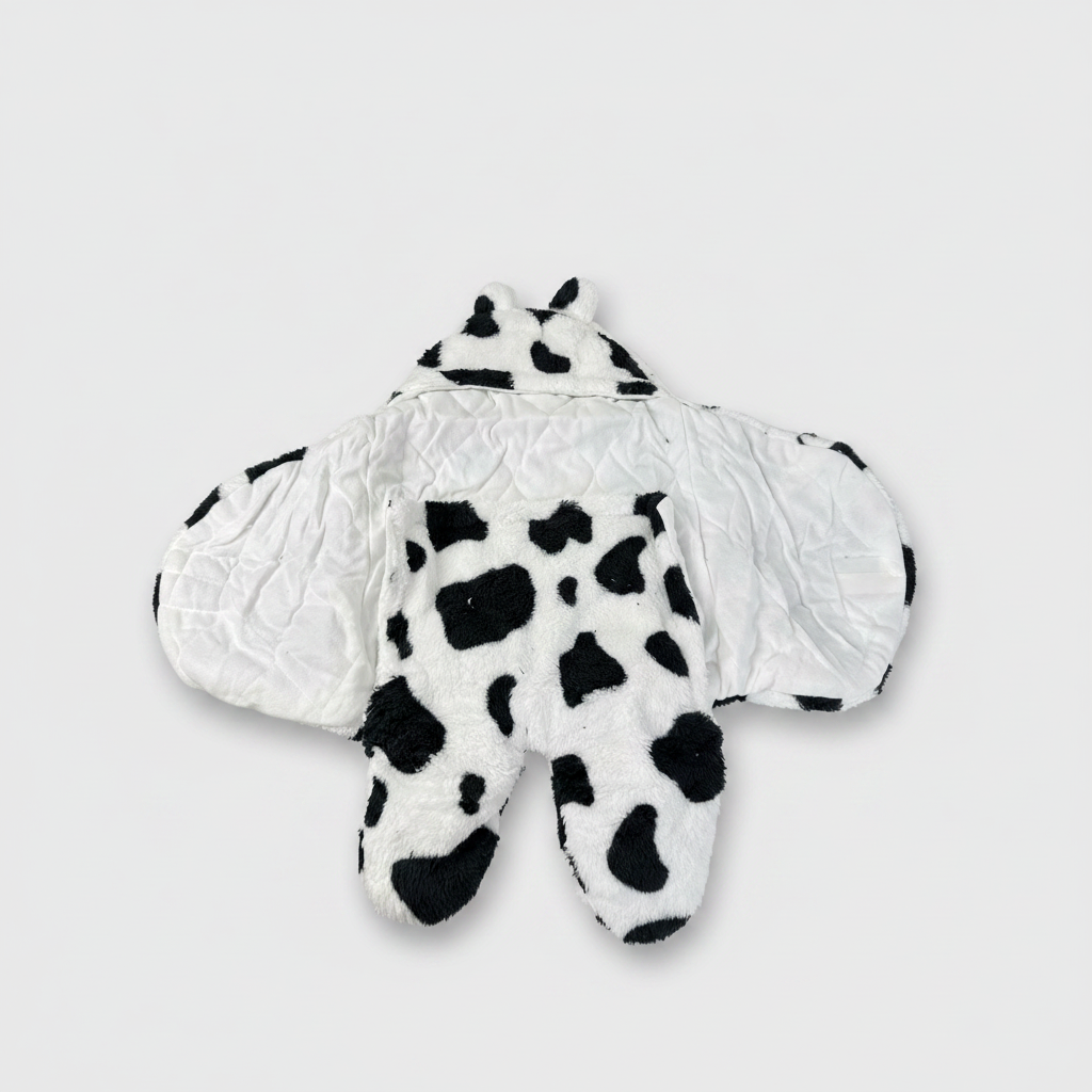 Cow print baby sleeping bag – hero image flat lay on white background showing full design