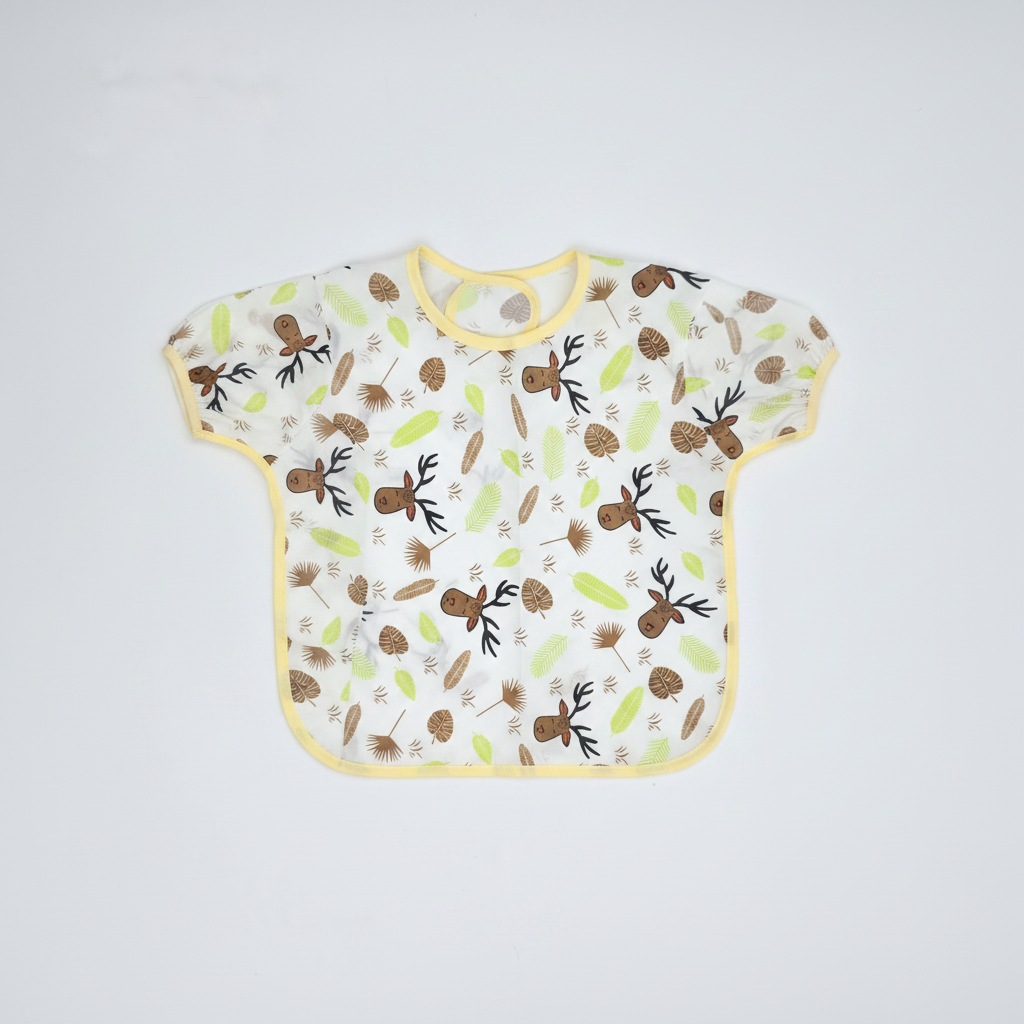 Deer Print Full Sleeve Baby Feeding Bib Smock - hero image flat lay green background