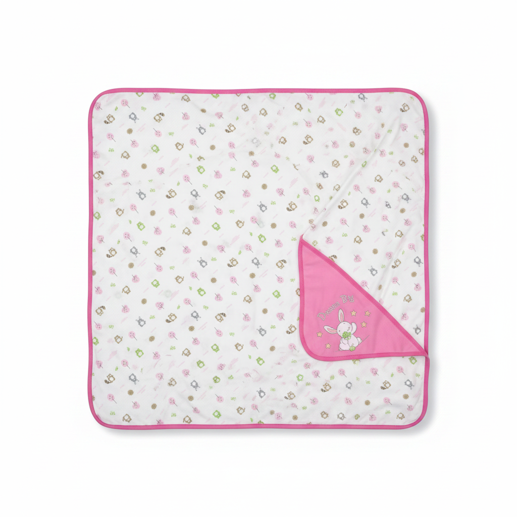 Dream Big Little One Pink Woodland Baby Blanket - hero image top view white background showing full woodland animal print and pink border trim with corner folded to reveal embroidered bunny