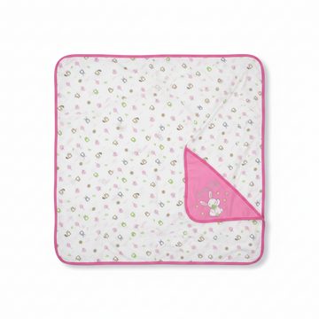 Dream Big Little One Pink Woodland Baby Blanket - hero image top view white background showing full woodland animal print and pink border trim with corner folded to reveal embroidered bunny