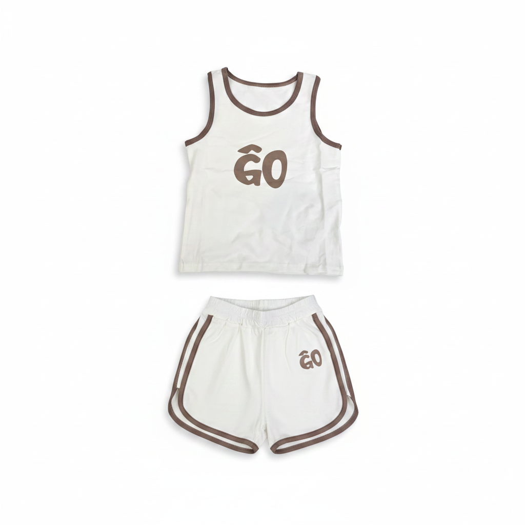 GO Kids Sporty Baby Tank Top Shorts Set - hero image front view white background showing full set with GO print and mocha brown trim