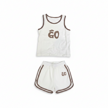 GO Kids Sporty Baby Tank Top Shorts Set - hero image front view white background showing full set with GO print and mocha brown trim