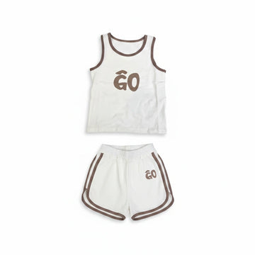 GO Kids Sporty Baby Tank Top & Shorts Set White Mocha Brown Trim Unisex
