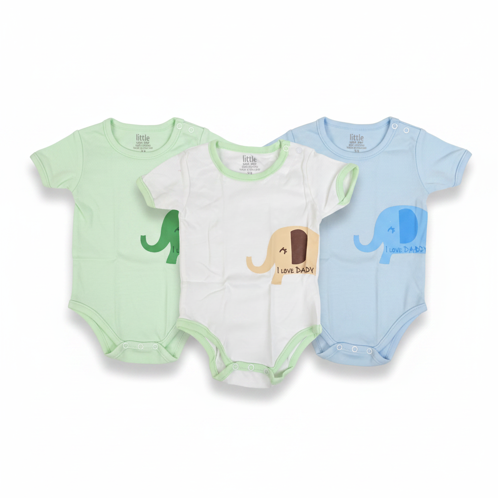 Little Home Baby I Love Daddy Elephant Bodysuit 3-Pack hero image white background all 3 bodysuits mint green white powder blue with elephant I Love Daddy print