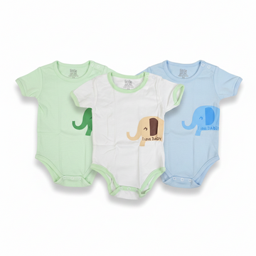 Little Home Baby I Love Daddy Elephant Bodysuit 3-Pack hero image white background all 3 bodysuits mint green white powder blue with elephant I Love Daddy print