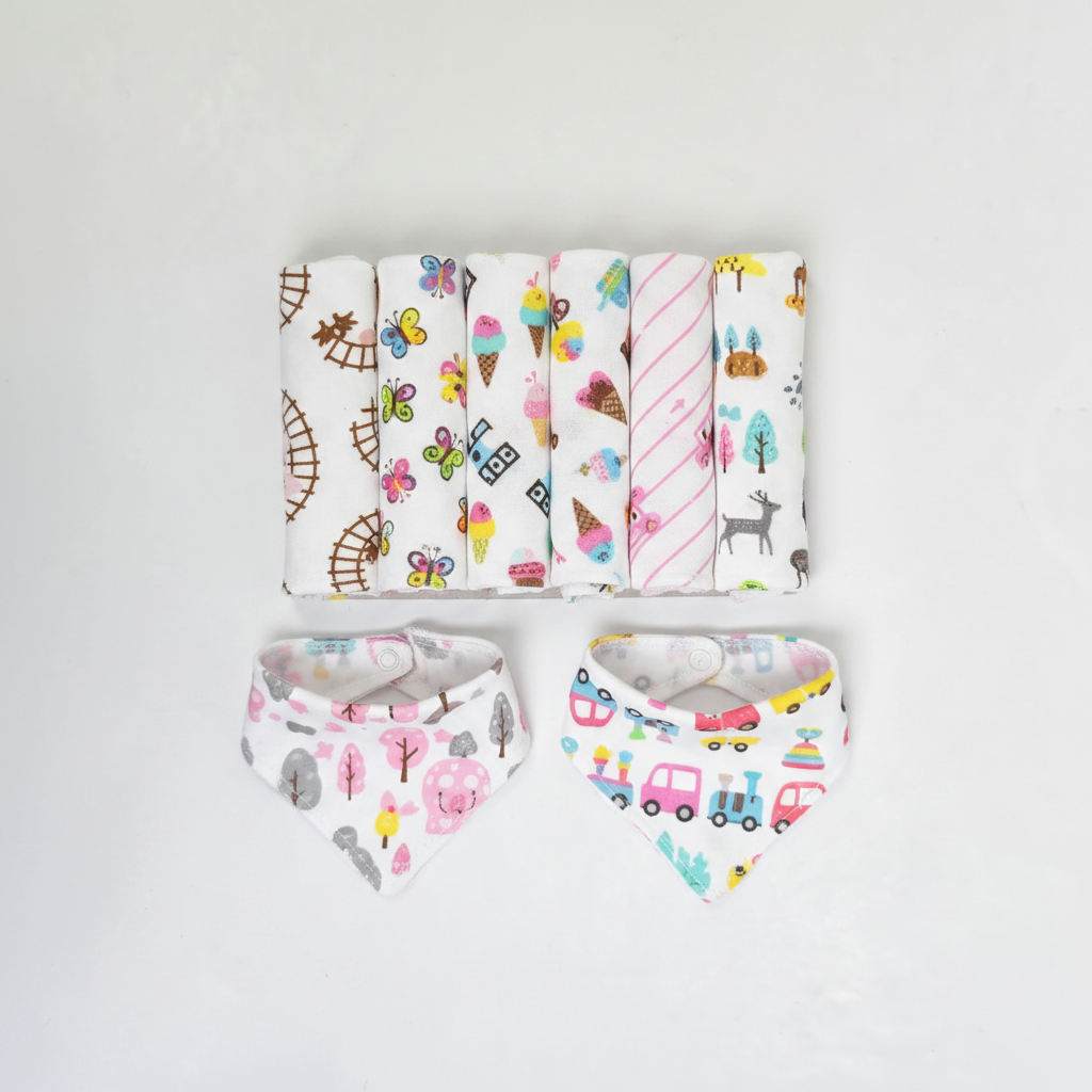 Little Home Baby Girl Washcloth Bandana Bib Set 8 Piece - hero image top view white background showing 6 folded washcloths and 2 bandana bibs with all prints