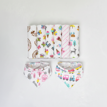 Little Home Baby Girl Washcloth Bandana Bib Set 8 Piece - hero image top view white background showing 6 folded washcloths and 2 bandana bibs with all prints