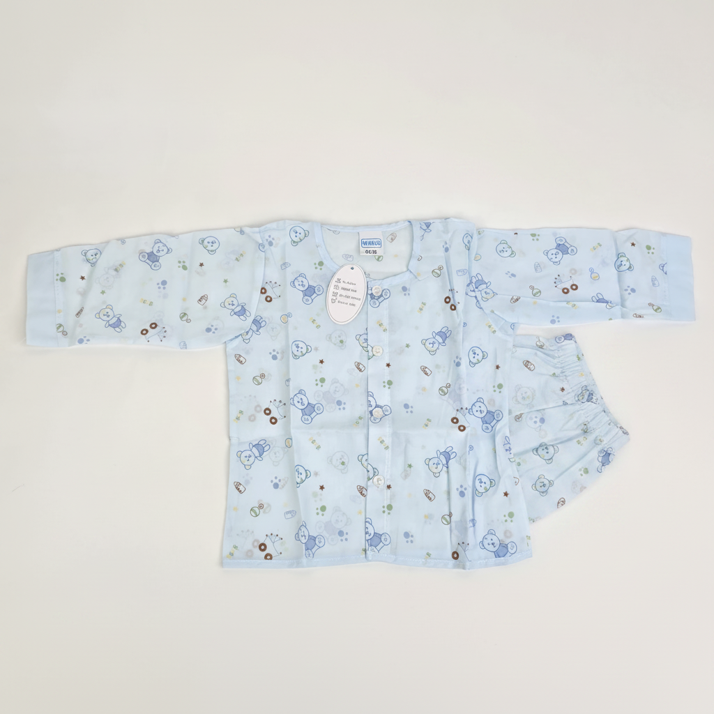 Mamo Blue Bear Bunny Print Baby Pyjama Set - hero image front view light blue background showing full set with button front long sleeve top and matching trousers with all-over bear bunny print