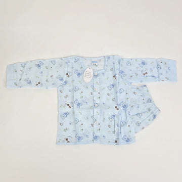 Mamo Blue Bear Bunny Print Baby Long Sleeve Pyjama Set Button Front Unisex Sleepwear
