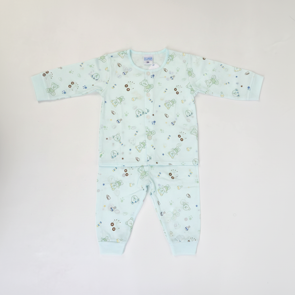 Mamo Light Blue Bear Print Baby Pyjama Set - hero image front view cream background showing full set with long sleeve button front top and matching trousers with all-over bear toy print