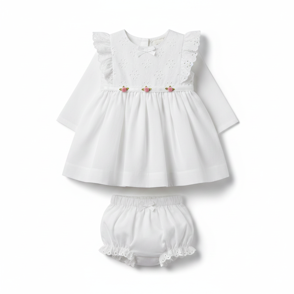 Mo Mo Kids White Eyelet Lace Baby Girl Dress Bloomer Set - hero image front view white background showing full dress and bloomer with rose detail