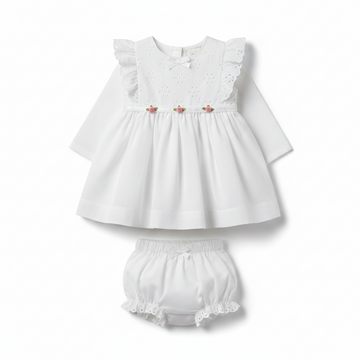 Mo Mo Kids White Eyelet Lace Baby Girl Dress Bloomer Set - hero image front view white background showing full dress and bloomer with rose detail