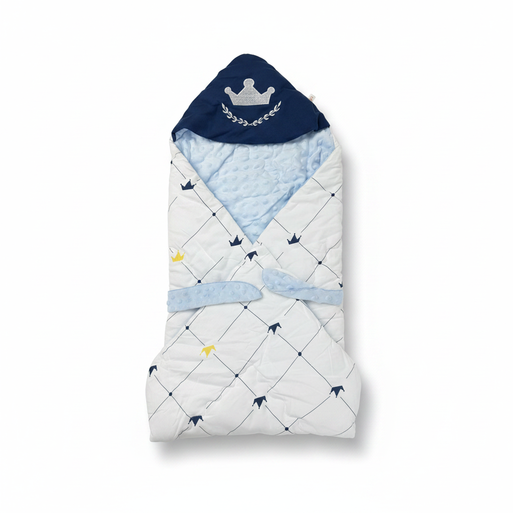 Navy crown minky baby sleeping bag – hero image on white background showing embroidered crown hood and wrap closure