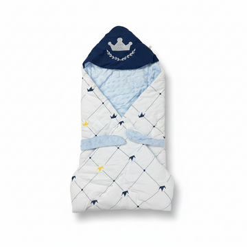 Navy crown minky baby sleeping bag – hero image on white background showing embroidered crown hood and wrap closure