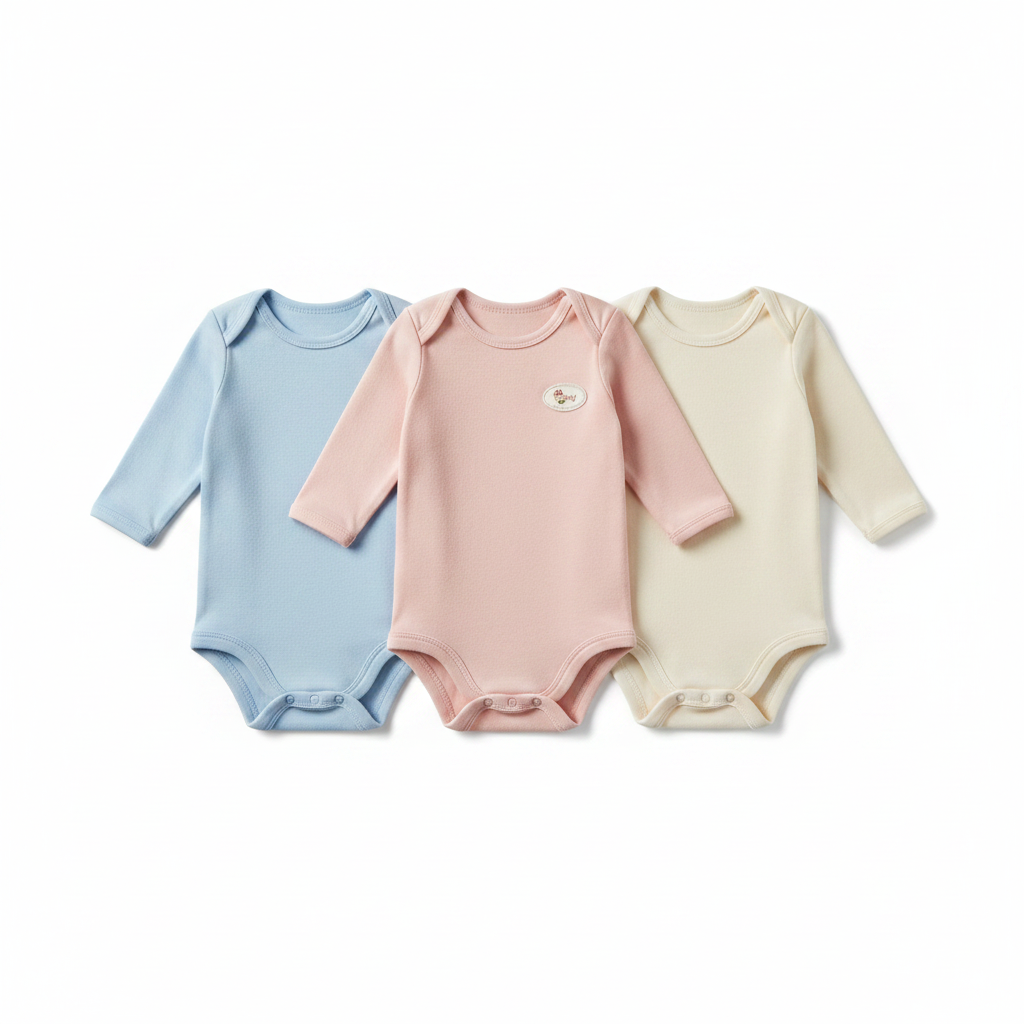 Pansy Born Baby 3-Pack Long Sleeve Bodysuits - hero image front view white background showing all three bodysuits in powder blue blush pink and cream side by side with snap button crotch detail