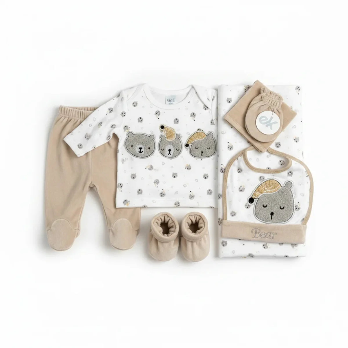 Bear Newborn Gift Set flat lay showing white bear print bodysuit beige footed trousers swaddle bib hat mittens and booties on white background