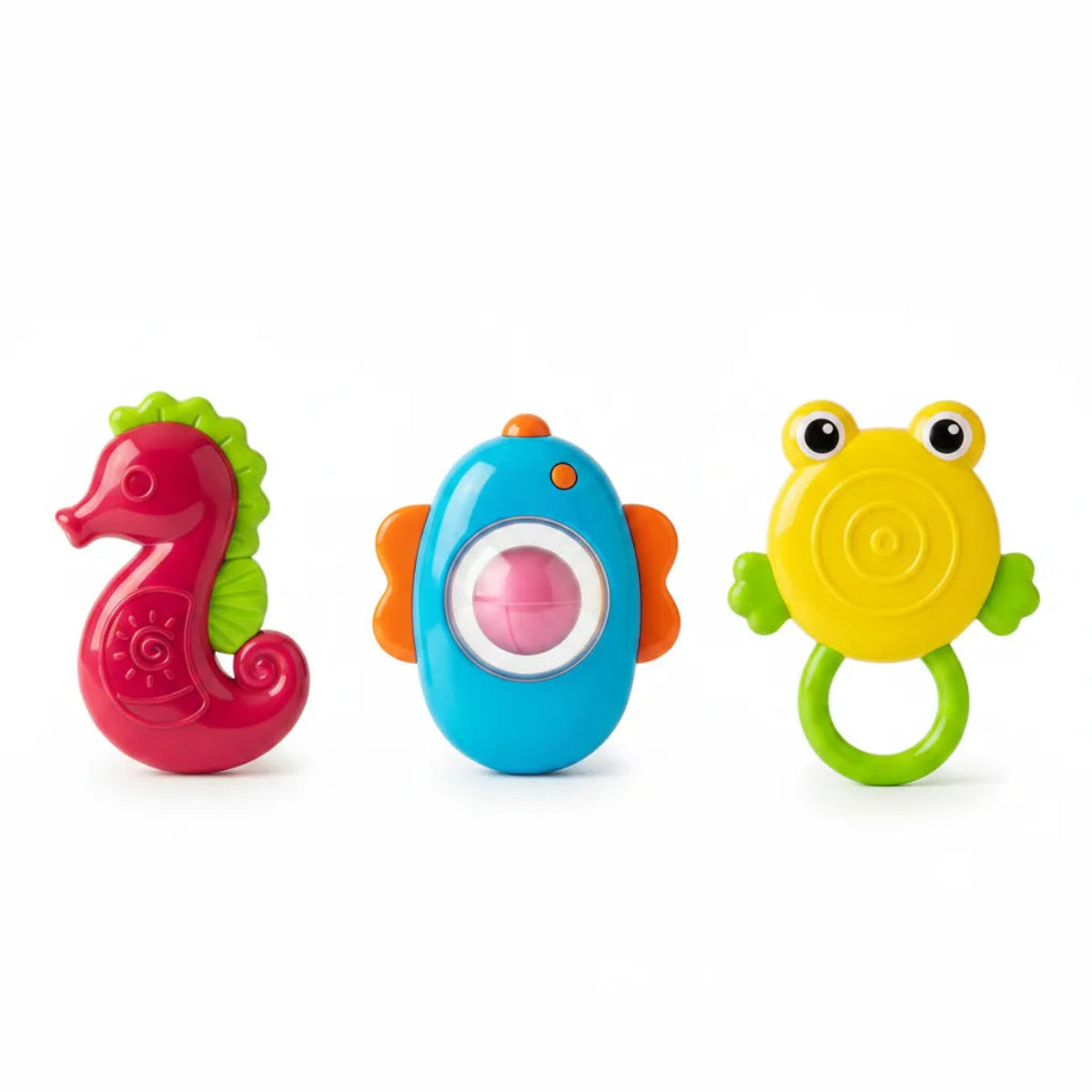 Ocean Friends Baby Rattle Set showing red seahorse blue fish and yellow frog rattles on white background
