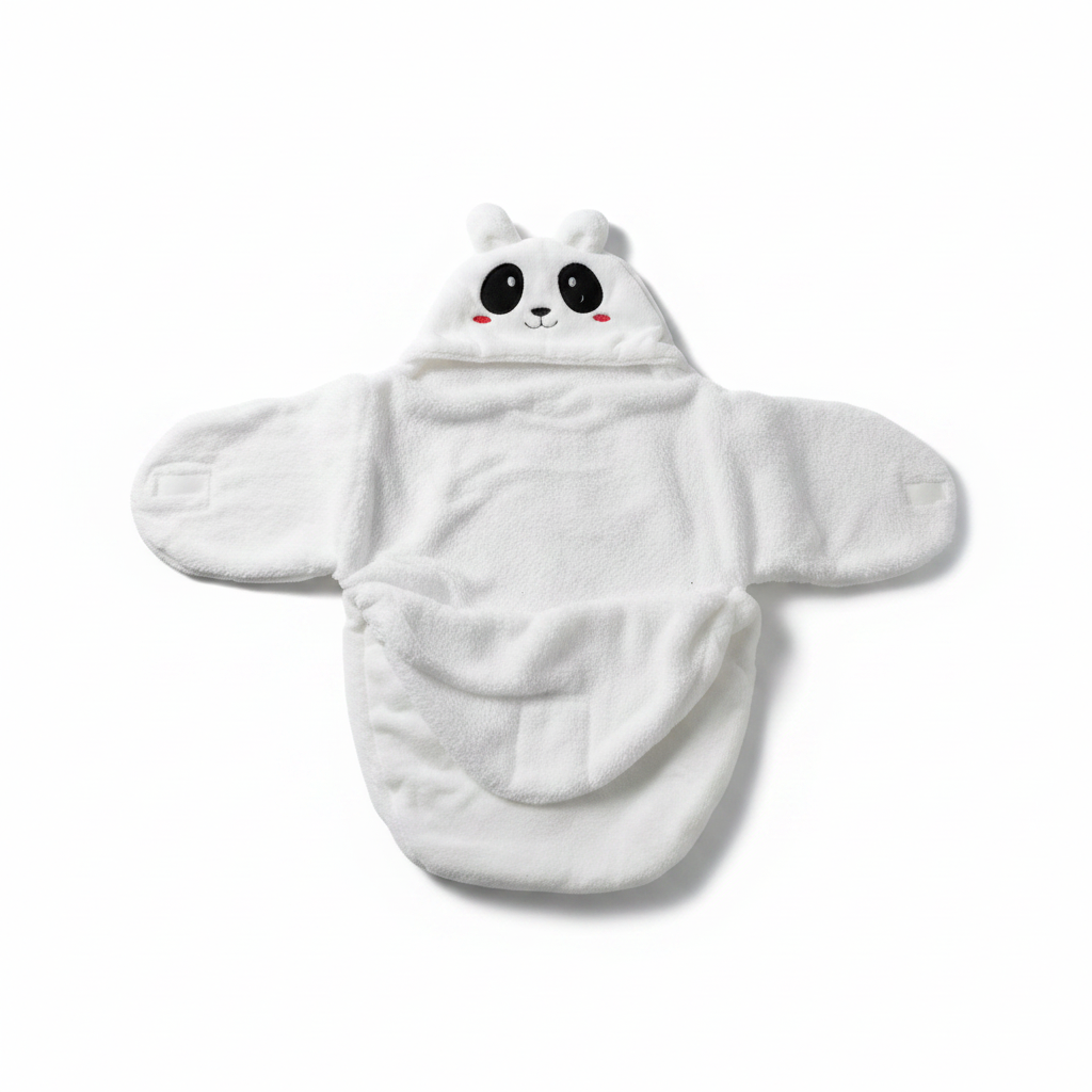White panda hooded swaddle wrap – hero image on white background showing embroidered panda face and wing design