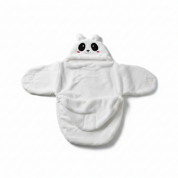 White panda hooded swaddle wrap – hero image on white background showing embroidered panda face and wing design