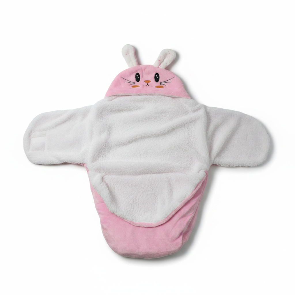 Pink bunny hooded swaddle wrap – hero image on white background showing embroidered bunny face and full wing design