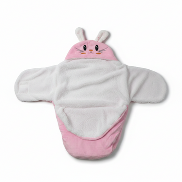 Pink bunny hooded swaddle wrap – hero image on white background showing embroidered bunny face and full wing design