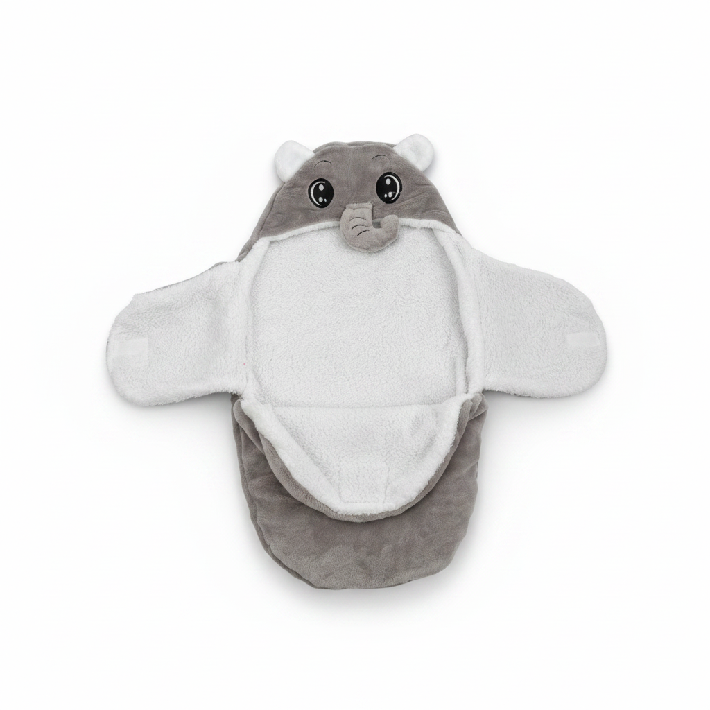 Grey elephant hooded swaddle wrap – hero image on white background showing embroidered elephant face and full wing design