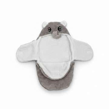 Grey elephant hooded swaddle wrap – hero image on white background showing embroidered elephant face and full wing design