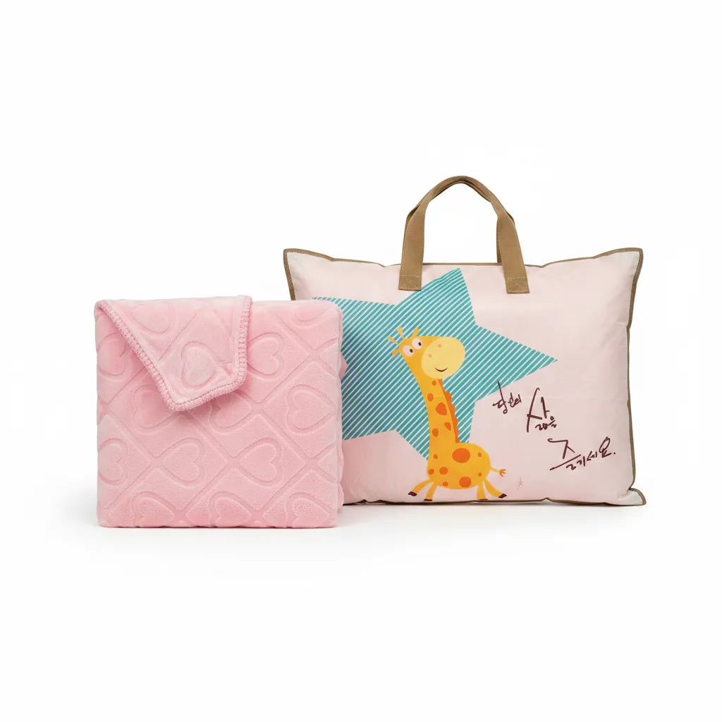 Giraffe Star Baby Gift Set showing pink blanket folded and giraffe star tote cushion side by side on white background