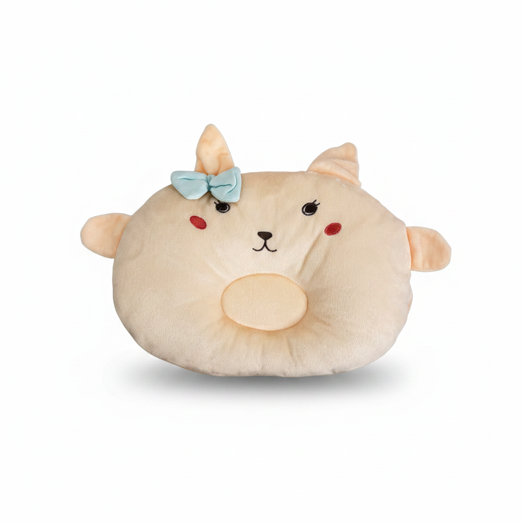 Unicorn cat baby head shaping pillow – hero image on white background showing donut shape, unicorn horn and blue bow
