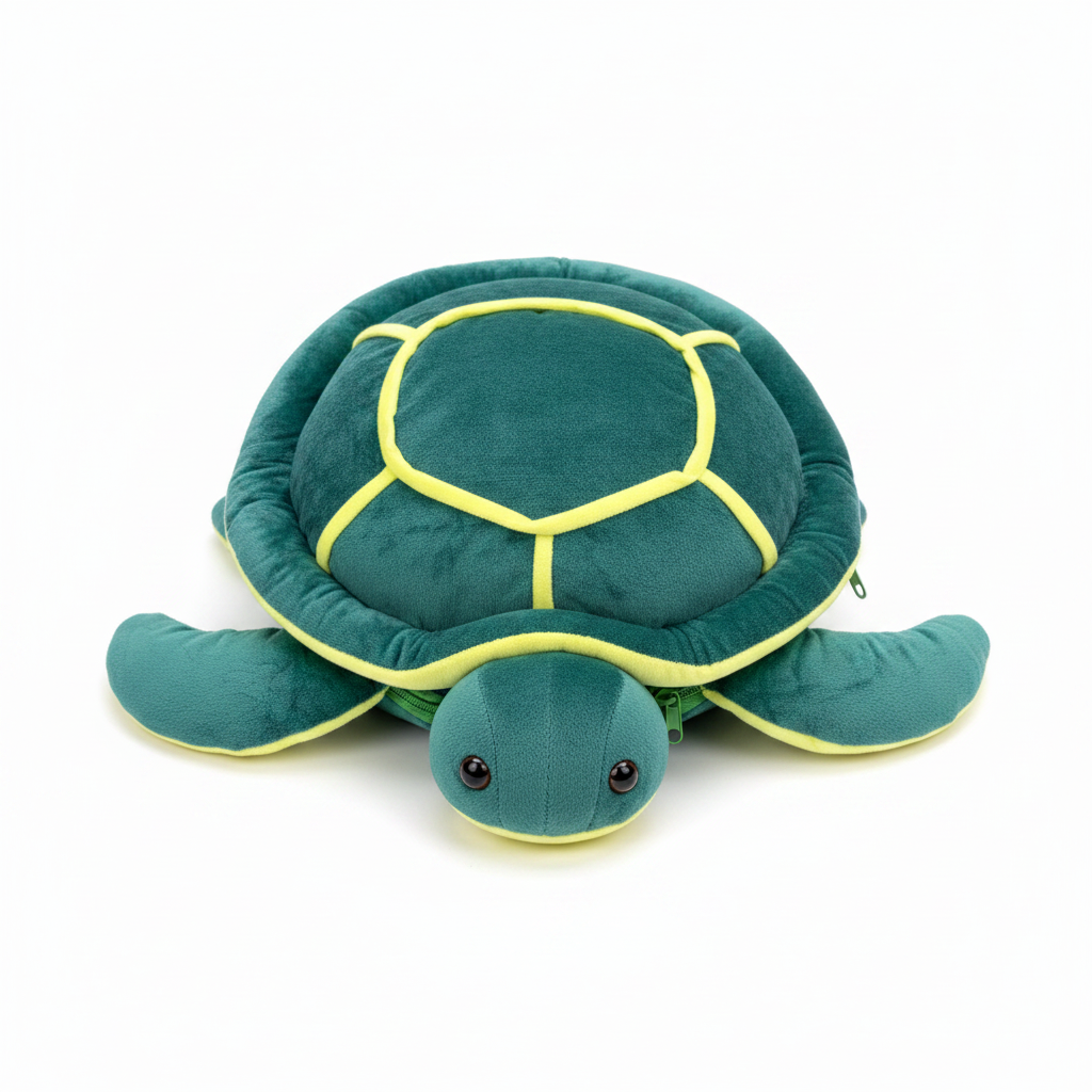 Sea turtle plush backpack with mini turtle – hero image on white background showing full turtle design, shell stitching and cute eyes
