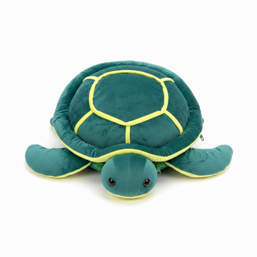 Sea turtle plush backpack with mini turtle – hero image on white background showing full turtle design, shell stitching and cute eyes