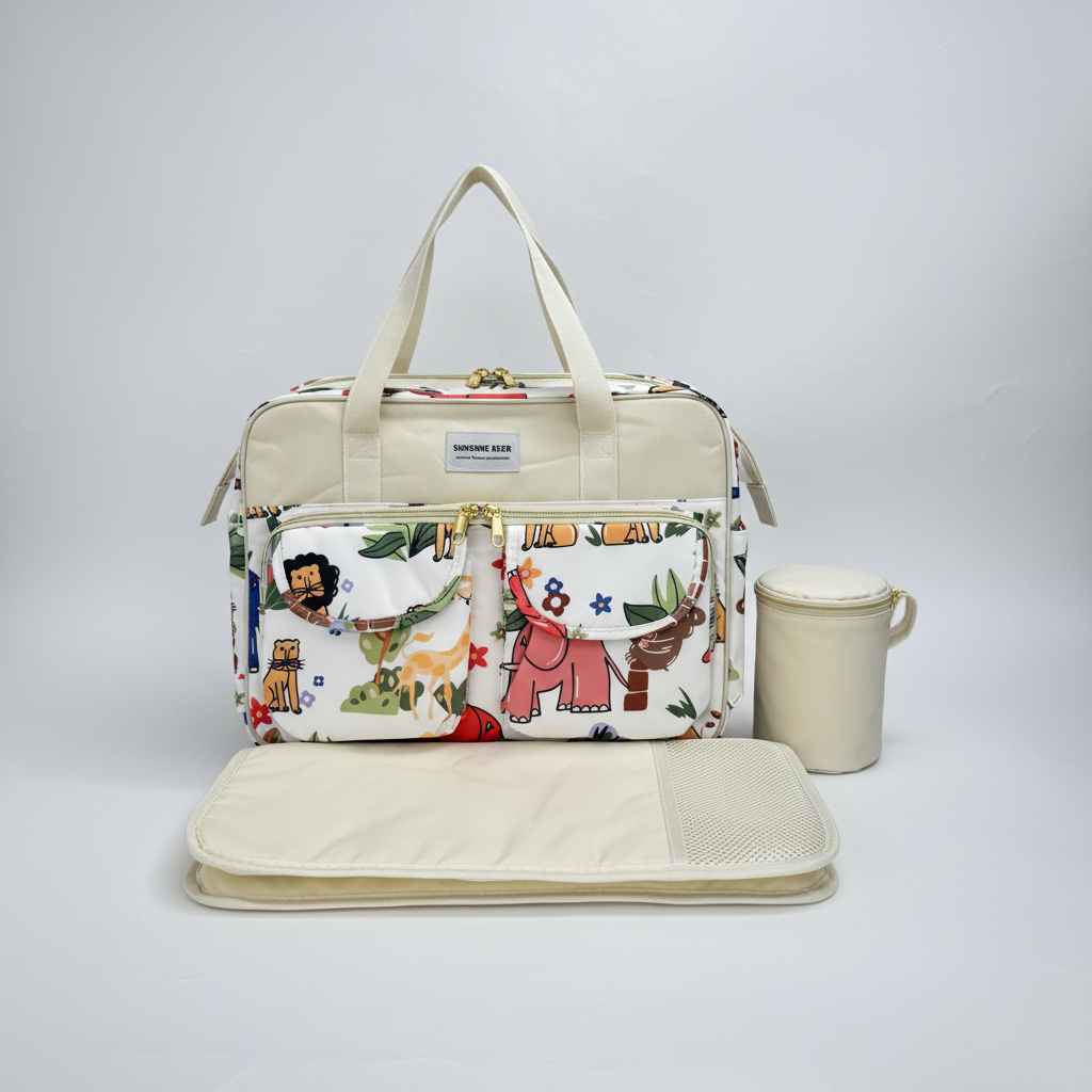 Sunshine Deer safari animals diaper bag set – hero studio image showing full bag with changing mat and bottle holder on white background
