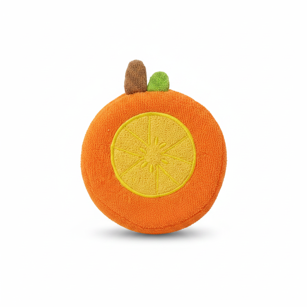 Orange slice baby bath sponge – hero image on white background showing full round shape, embroidered citrus center and 3D stem