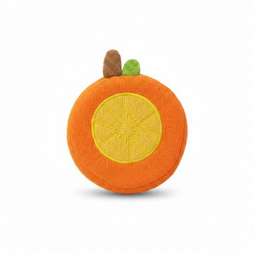 Orange slice baby bath sponge – hero image on white background showing full round shape, embroidered citrus center and 3D stem