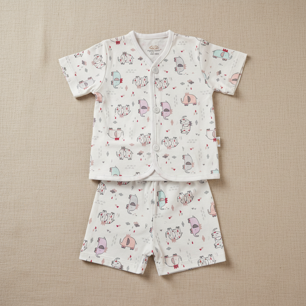 Baby animal print clothing set flat lay on beige nursery surface