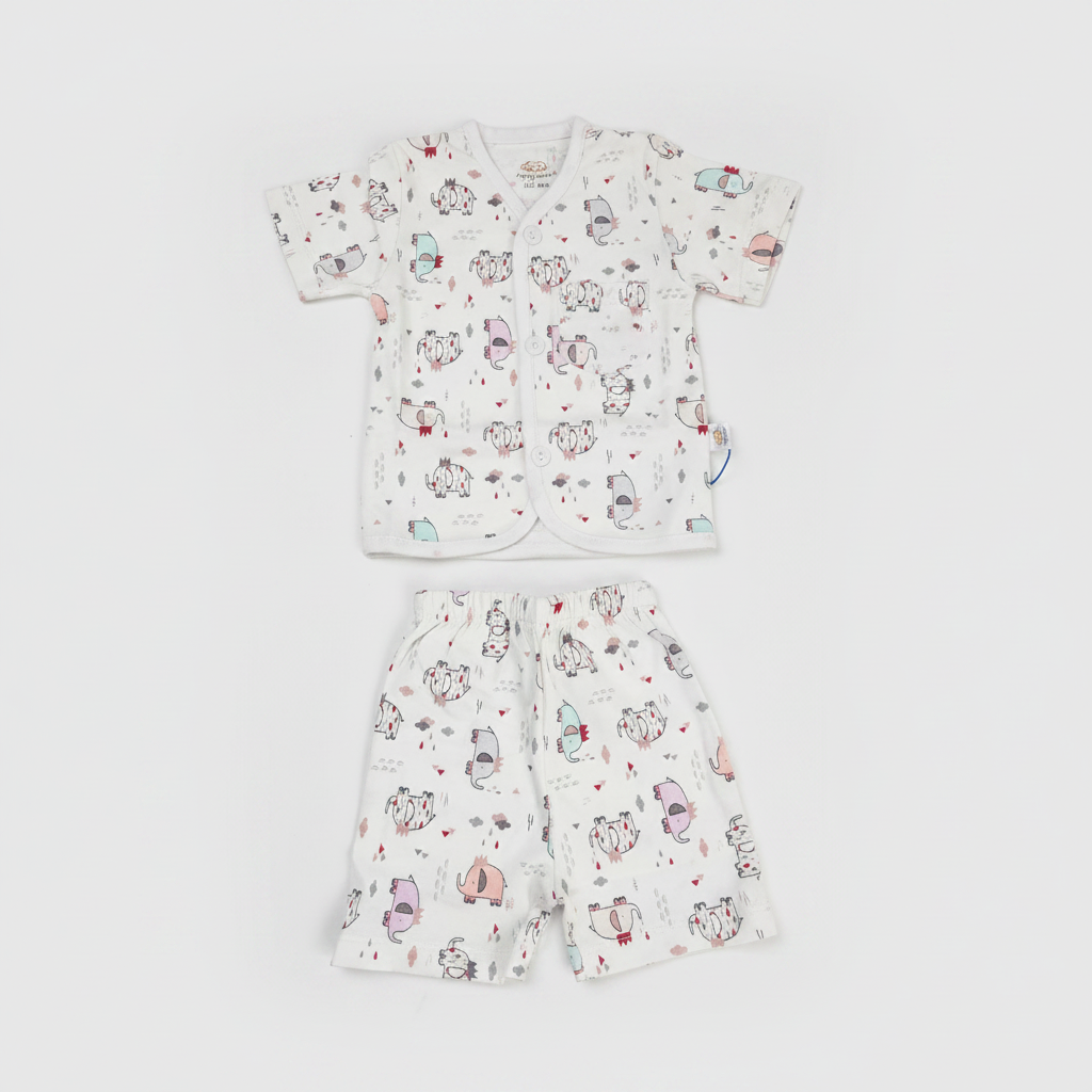 Baby animal print shirt and shorts set on white background