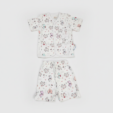 Baby animal print shirt and shorts set on white background