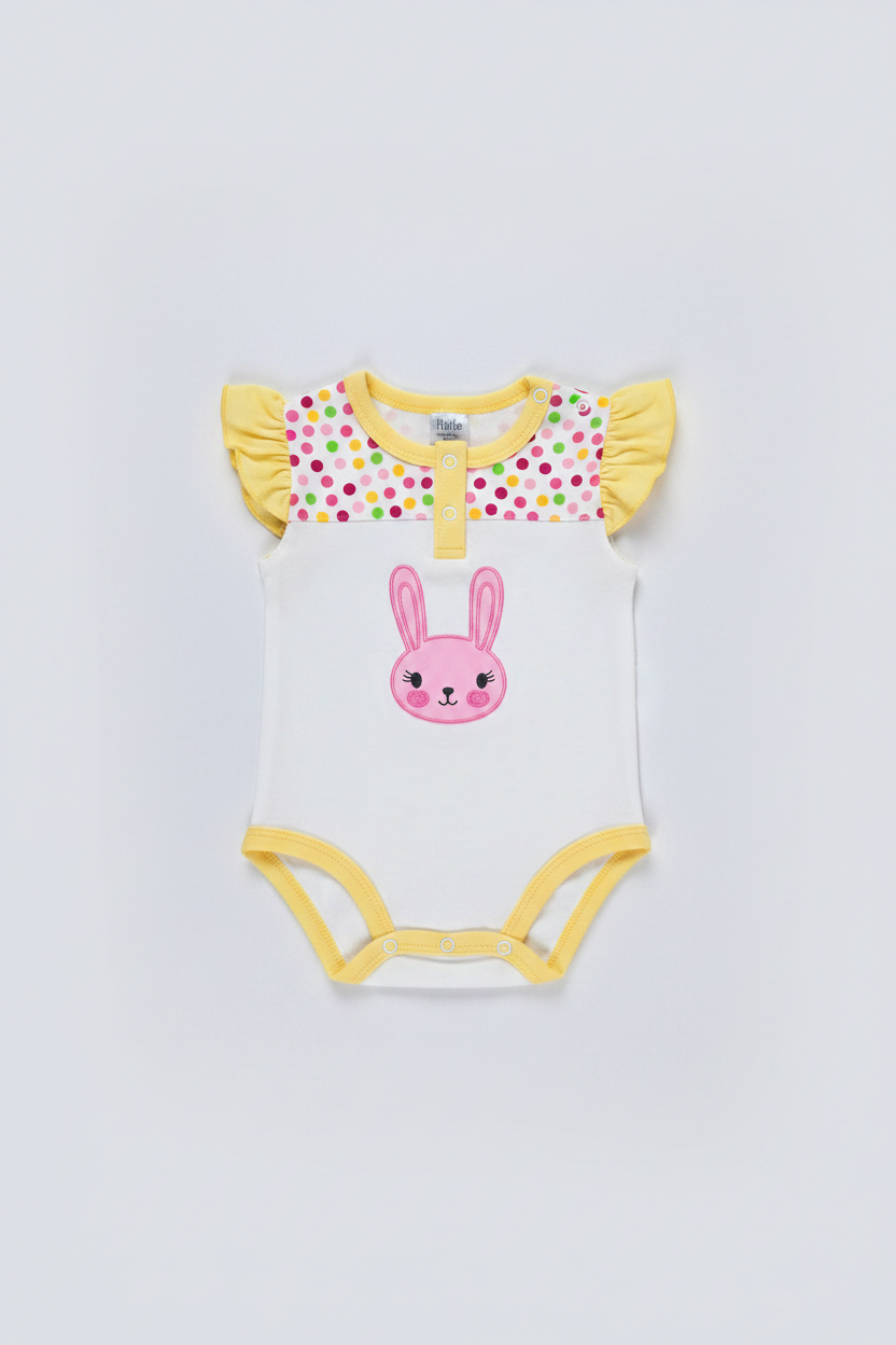 Yellow polka dot bunny print baby bodysuit