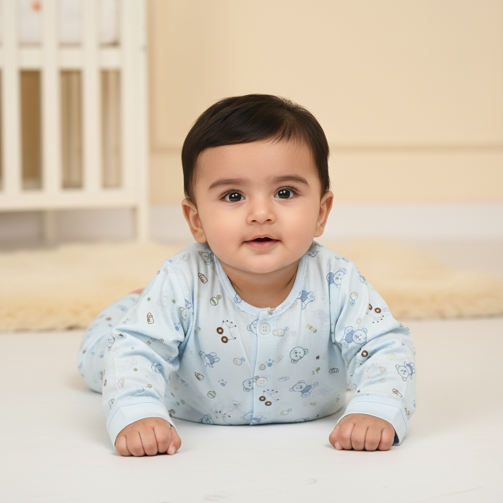 South Asian baby wearing light blue teddy bear print full sleeve shirt and pants set