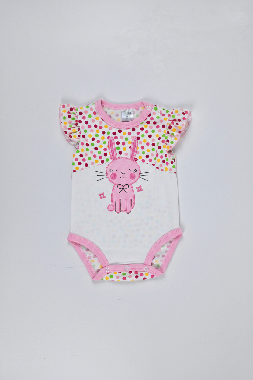 Pink bunny print baby bodysuit with polka dots