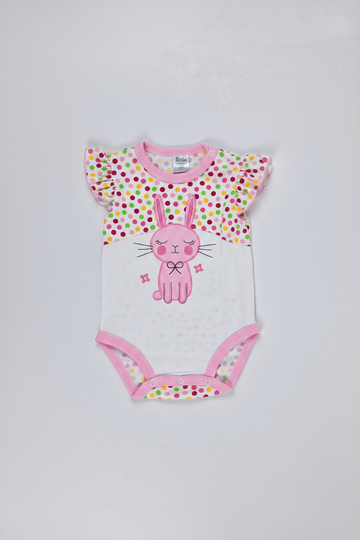 Pink bunny print baby bodysuit with polka dots